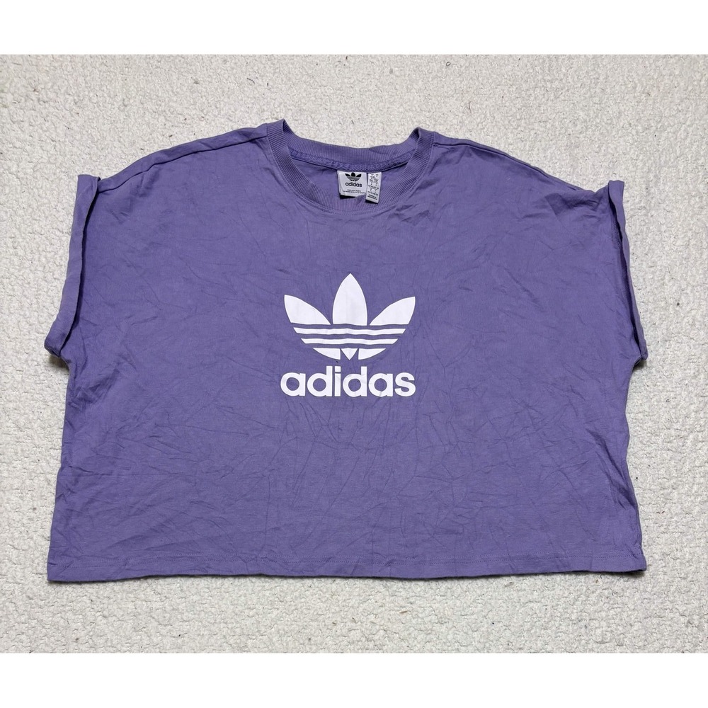 Adidas Womens T-shirt Cropped Size L Purple Originals Cotton Solid Trefoil